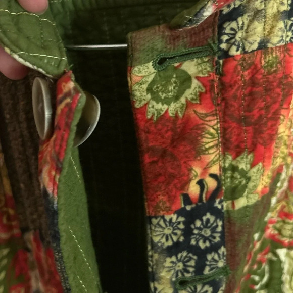 Olive Red Yellow Patchwork Print Quilted Reversible Boho Vest Floral Fall - Picture 3 of 8